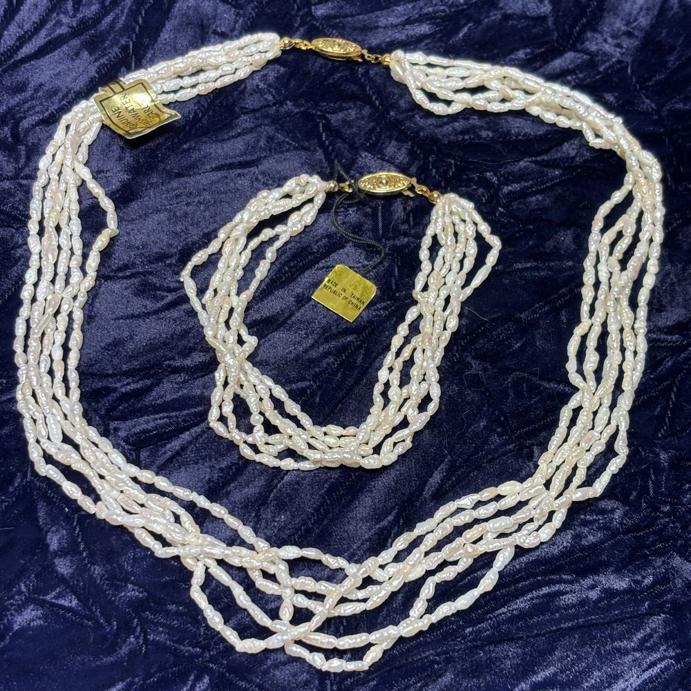 Vintage Multi-Strand Genuine Freshwater Pearl Necklace and Bracelet Set NWT
